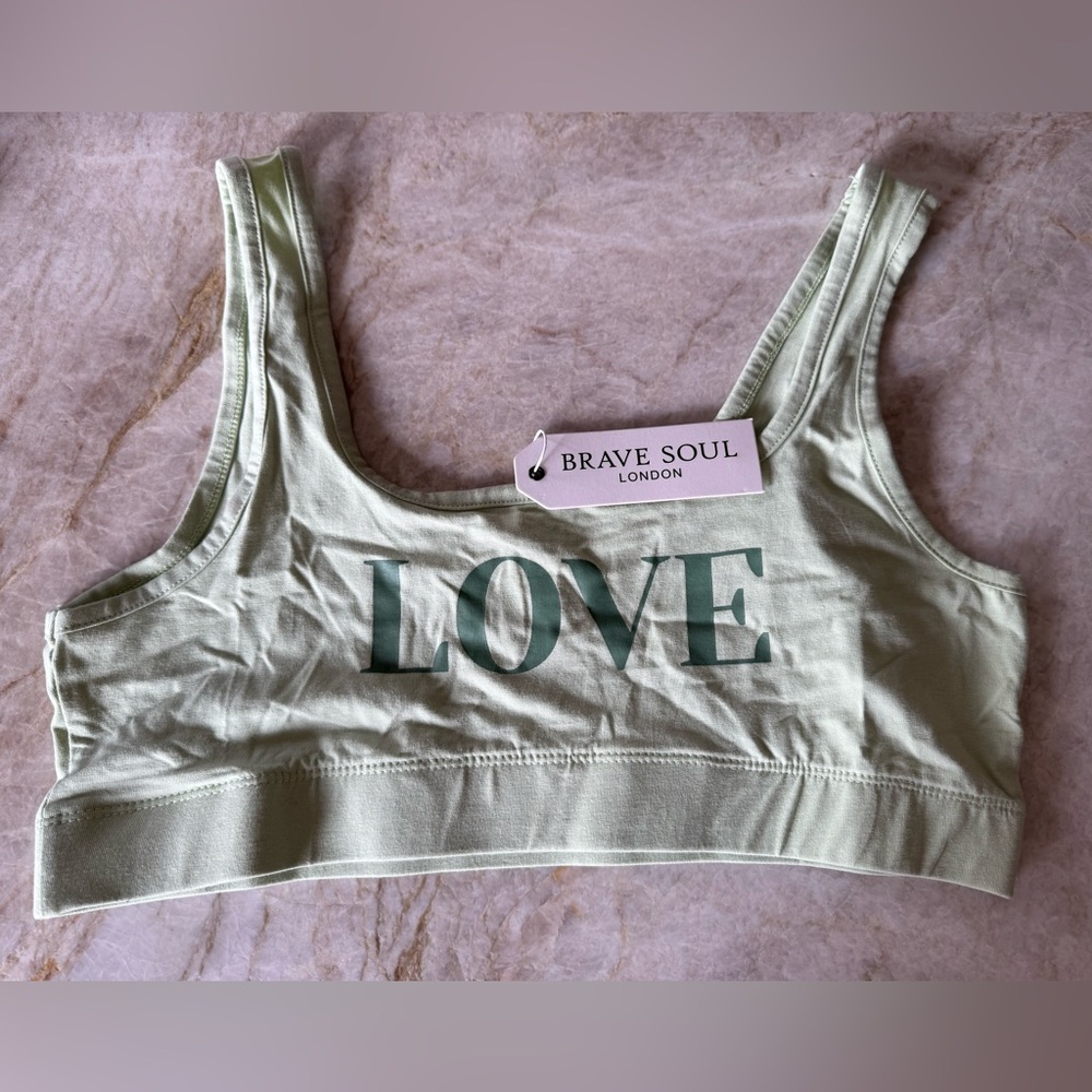 NWT L bralette in color green with LOVE detail